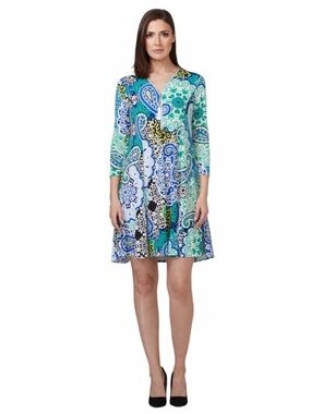 Joseph Ribkoff Blue and Green Paisley V‑Neck A‑Line Dress Size 8 NWOT